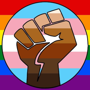 Design with parts of several pride flags and a fist